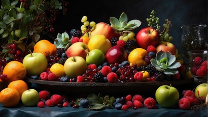 fresh fruits and vegetables and apples, grapes, oranges, on a basket on the table