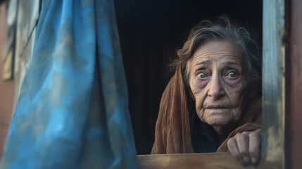 lonely old woman looks out the window