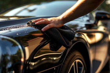 Person's hand polishing the exterior of a black car with a microfiber cloth