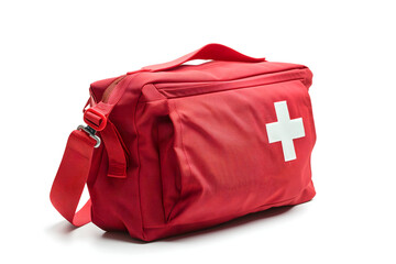 AI generated illustration of a red first aid bag with a prominent white cross on a white background