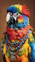 Obraz premium Parrot dressed in hippy clothes. Humanization of animals concept