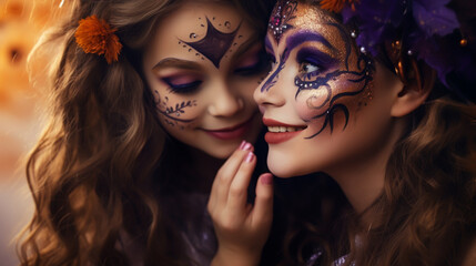 Fototapeta premium Mom and daughter in witch costumes are celebrating Halloween. Halloween holiday.