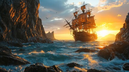 A sailboat at sunset makes its way through a stormy sea between rocky shores, the sun sets below the horizon, creating a bright glow on the water