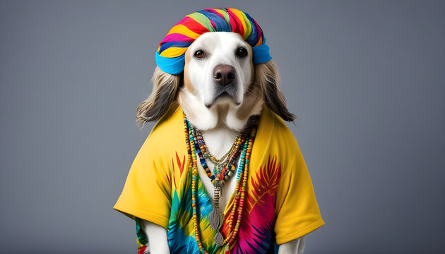 Dog dressed in hippy clothes. Humanization of animals concept