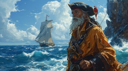 Naklejka premium an old sea pirate dressed in a yellow sea cloak, standing on a rocky shore overlooking a stormy sea, along which a majestic sailboat sails in the distance