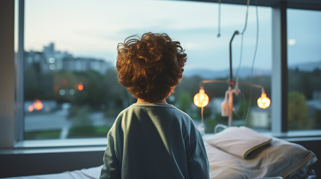 Back View Of Kid Patient Sitting On Hospital Bed Looking Out Of Window. Preteen Sick Boy Sitting On Bed In Hospital Ward.