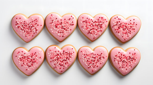 Decorated with sprinkles heart shaped cookies on white background, top view. Celebration of St Valentines Day