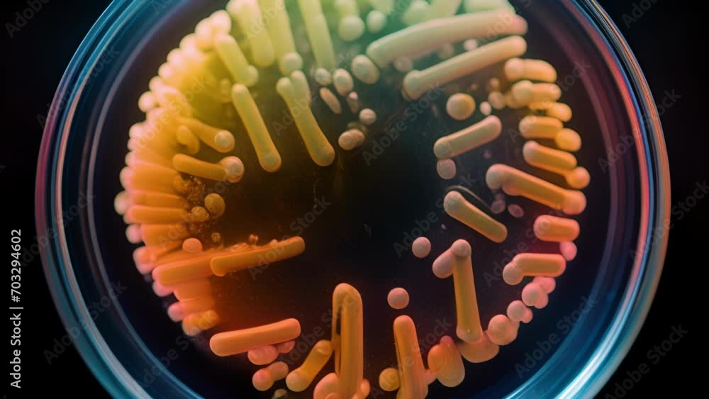 Poster a striking macro of a petri dish containing bacterial colonies that have been genetically modified u