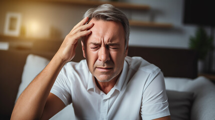 man suffering from headache desperate and stressed because pain and migraine. Hands on head. - obrazy, fototapety, plakaty