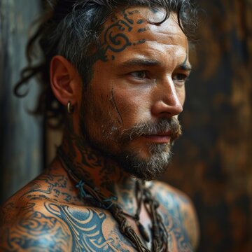 A man with a deep gaze, adorned with intricate tattoos on his face and neck, wearing a pigtail and necklace, against a textured wall.