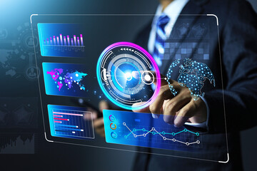 Data scanning concept with busineman hand touch on virtual screen to start data scan and analytics in business financial data around the world and summary on chart graph