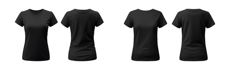realistic set of female black t-shirts mockup front and back view isolated on a transparent background, cut out