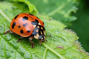 Fototapeta premium Ladybug, red with black dots green plant leaf. A beautiful brightly colored insect crawling on a bush leaf on a sunny day.