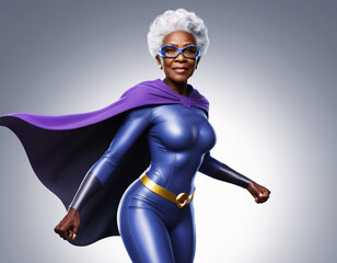 Elderly African American woman wearing superhero costume on gray background. 