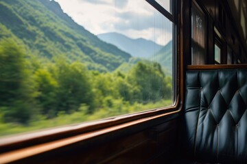 Fototapeta premium A view from the window of a rushing intercity train on green fields and mountains flying by. Traveling in an old deserted train carriage on a summer day.