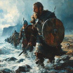 Naklejka premium Эпическая сцена викингов, смело шествующих через взбалмошные волны моря. На переднем плане мужественный воин с бородой, облаченный в традиционную броню и оснащенный круглым щитом и мечом, ведет ряд во