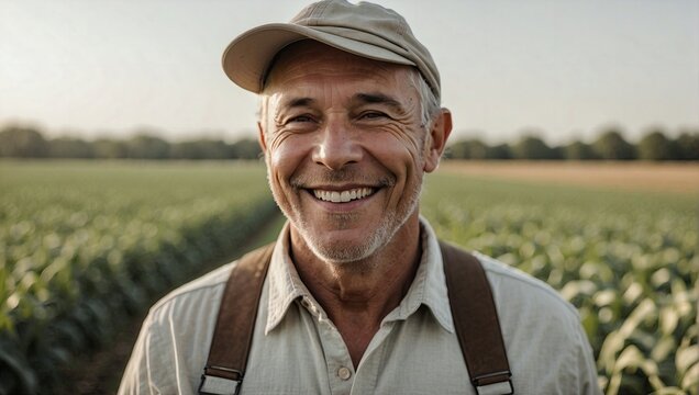 A smiling male farmer wearing a cap stands amongst green tobacco plants.
