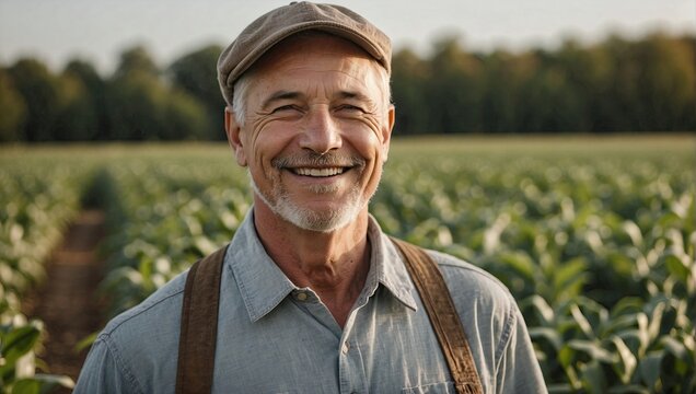 A smiling male farmer wearing a cap stands amongst green tobacco plants.