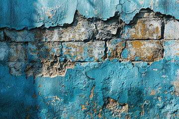 Peeling blue paint on a rugged brick wall texture