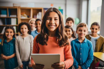 Young girl holding tablet in front of classmates smiling