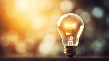 A glowing light bulb against a bokeh background. Ideas, innovation and creativity concept