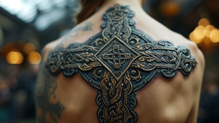 Rear view of a man with an impressive tattooed Celtic cross on his back, surrounded by ornamental designs, against a backdrop of blurry bokeh lights.
