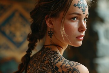 A young woman with striking black mehendi tattoos on her face and neck, with her hair combed back and braided, against the background of a traditional patterned bedspread - obrazy, fototapety, plakaty
