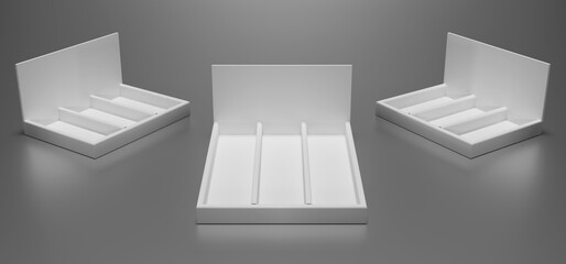 POS counter display mockup with shelves and header - three side view, 3D illustration © Asad