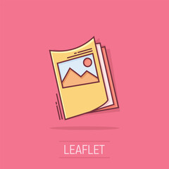 Flyer leaflet icon in comic style. Brochure sheet vector cartoon illustration pictogram. Booklet flyer business concept splash effect.