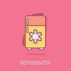 Fridge refrigerator icon in comic style. Freezer container vector cartoon illustration pictogram. Fridge business concept splash effect.
