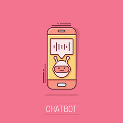 Naklejka premium Voice assistant on smartphone icon in comic style. Sound record vector cartoon illustration on white isolated background. Chat recognition business concept splash effect.