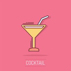 Alcohol cocktail icon in comic style. Drink glass vector cartoon illustration on white isolated background. Martini liquid business concept splash effect.