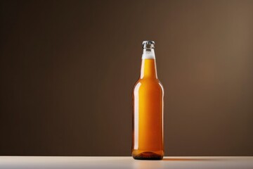 A single, unopened bottle of amber-colored beer against a gradient brown background