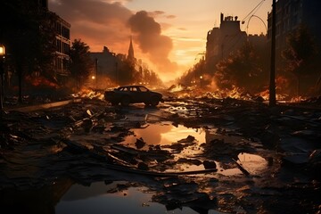 Chaos in the city streets after military invasion or terrorist attack - obrazy, fototapety, plakaty