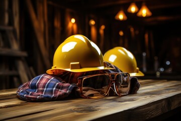 Hard hat and goggles on wooden surface, construction picture - obrazy, fototapety, plakaty