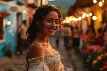 Smiling young woman on a colorful street at dusk with soft focus background