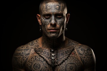 A man with tattoos on his face and body in an ethnic style, against a black background, creates an intense and mysterious portrait