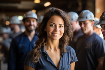 Obraz premium An intelligent woman in a hard hat leads a team of professionals in construction gear, construction picture