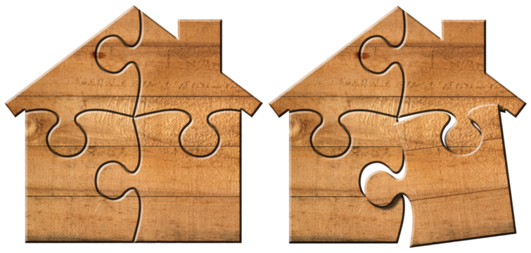 Wooden house made of jigsaw puzzle pieces isolated on white or transparent background. Png. Construction industry concept.