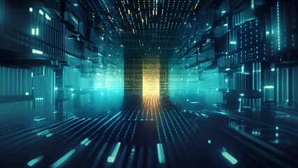 A digital fortress engulfed in a sea of binary code, emphasizing the critical role of cybersecurity in safeguarding AGI systems and preventing unauthorized access or manipulation.