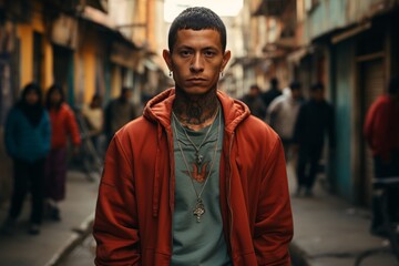 Fototapeta premium The man in the red jacket, his tattoos and determined gaze make him stand out from the crowd, creating an image of urban style and self-expression