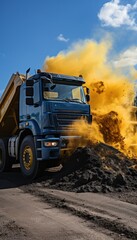 A dumptruck unloads soil and dirt on to the ground, construction picture