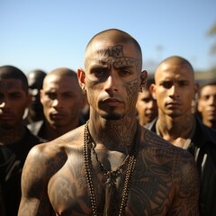 Portrait of a serious man with tattoos on his face and body standing in the foreground with a group of people in the background, emphasizing the strength and solidarity of the group - obrazy, fototapety, plakaty