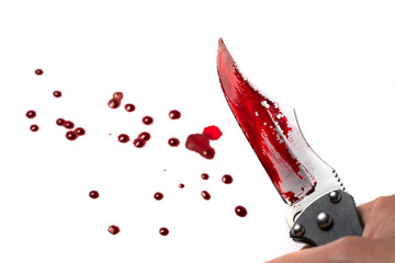 Hand holding a bloody knife, a large bloody knife, bloody theme, a killer with a knife, white...