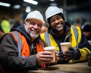 Workers take a moment seated with coffee cups in a lively factory environment, construction picture