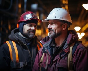 Fototapeta premium Hardworking construction workers laboring on a night engineering site ensuring safety with their hardhats for a successful project completion, construction picture