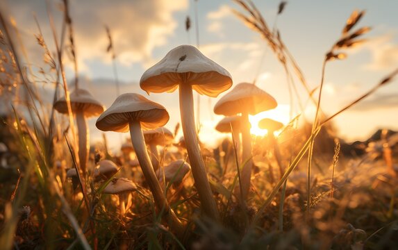 Sunset Mushrooms in a Field