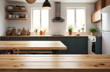 Empty wooden table with a blurred kitchen background and copy space