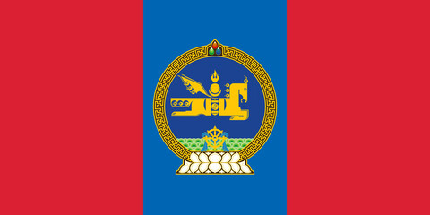 The official current flag and coat of arms of Mongolia. State flag of Mongolia. Illustration.