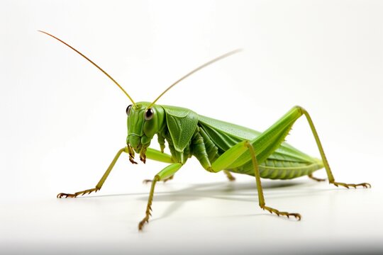 Striking green Conehead Grasshopper stands out on a white background